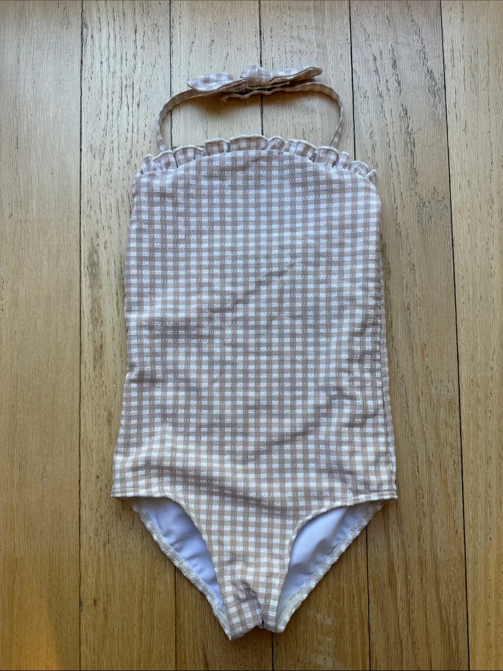 Girls Minnow Beige Gingham One-Piece Swimsuit - Neutral